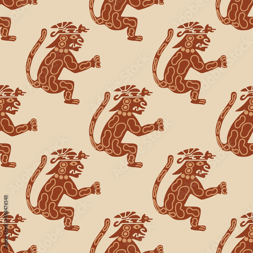 Seamless ethnic pattern with fantastic jaguar men. Native American art of Mochica or Moche Indians from ancient Peru.