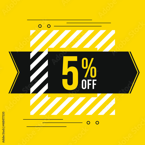 5% off sale. Discount price. Discounted special offer announcement. Black, yellow and white color conceptual banner for promotions and offers with 5percent off.