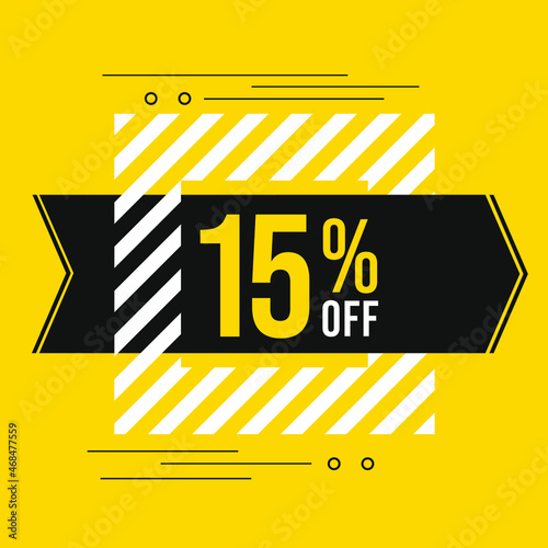 15% off sale. Discount price. Discounted special offer announcement. Black, yellow and white color conceptual banner for promotions and offers at 15 percent off.