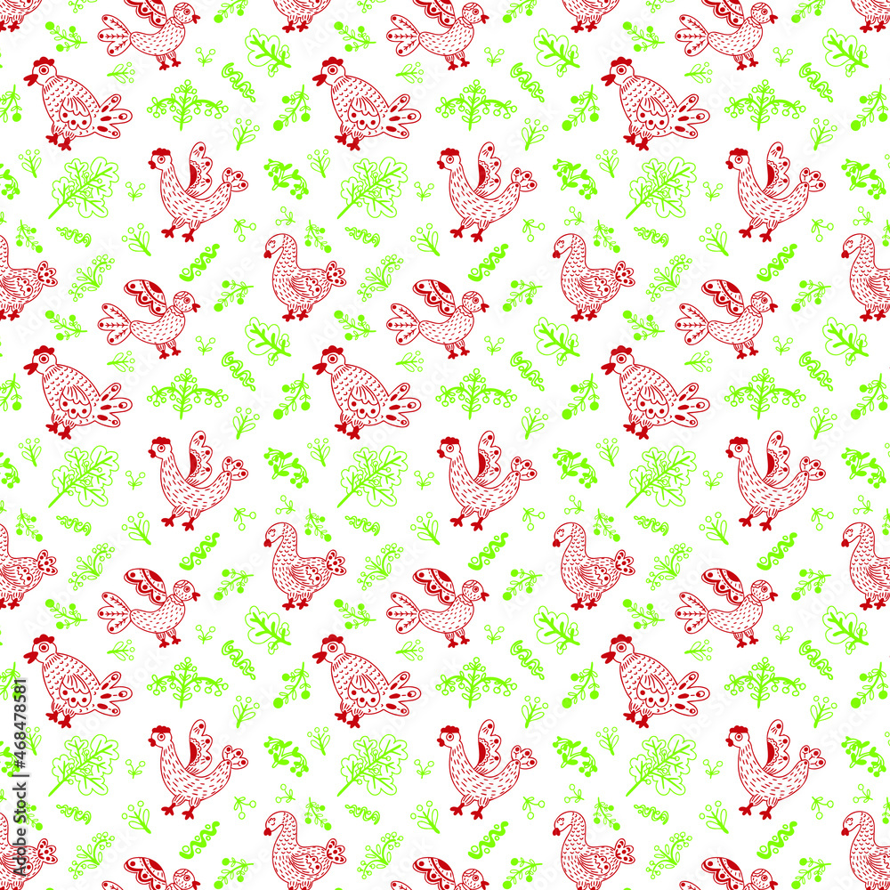 Fototapeta premium A seamless repeated folklore pattern with red hens rusters and geese among hgreen flowers and berries on white endless background. Hand drawn in doodle style for spring holiday greetings, textile