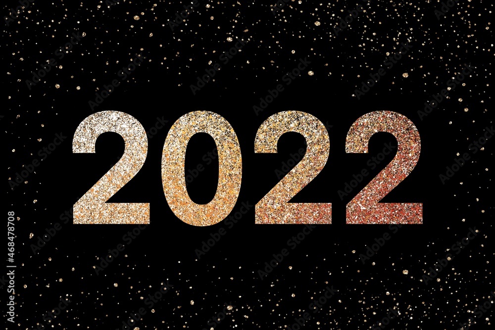 new year greeting card, calendar, 2022 year, number, two thousand twenty second year, black background with golden glitter new year greeting card, calendar, 2022 year, number, two thousand twenty second year, black background with golden glitter