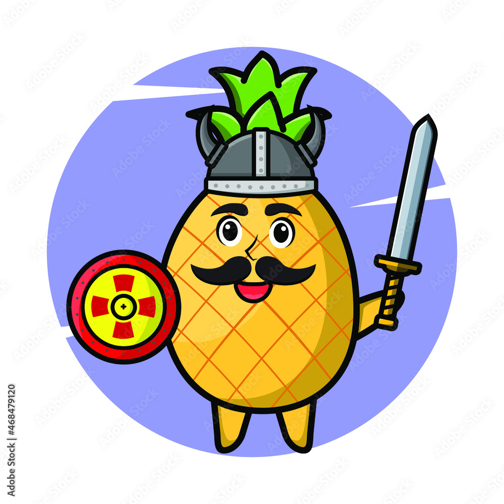 Naklejka premium Pineapple viking pirate character cartoon with hat and holding sword and shield in cute style design for t-shirt, sticker, logo element, poster