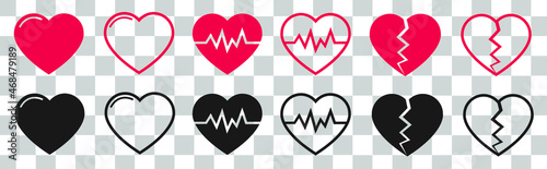 heart collection icons. Set of broken, cardio hearts on transparent background