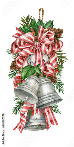 Jingle bells with red striped bow, firry, and pine cone. Watercolor illustration.The Christmas retro silver bell isolated on the white background