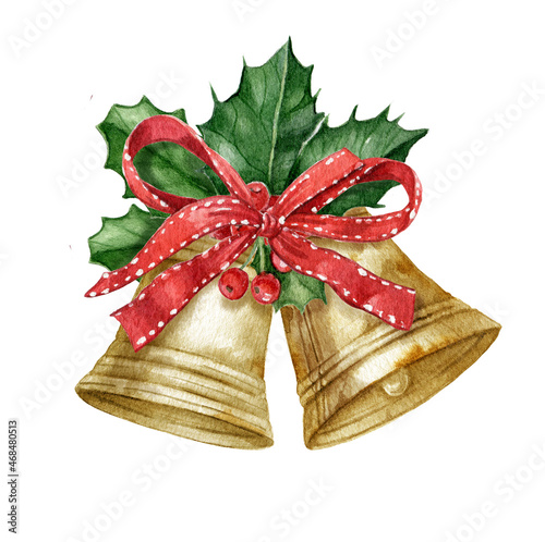 Gold Jingle bells with red bow, firry branches, holly leaves, red berries Watercolor illustration.The Christmas gold  bell isolated on the white background