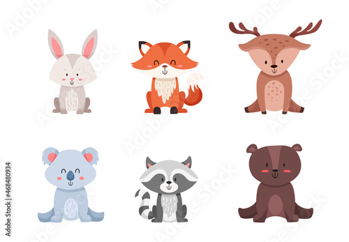Cute wild animals set including fox, hare, deer, bear, koala and racoon. Safari jungle animals vector for children print and decoration. Vector cartoon illustration isolated on white background.
