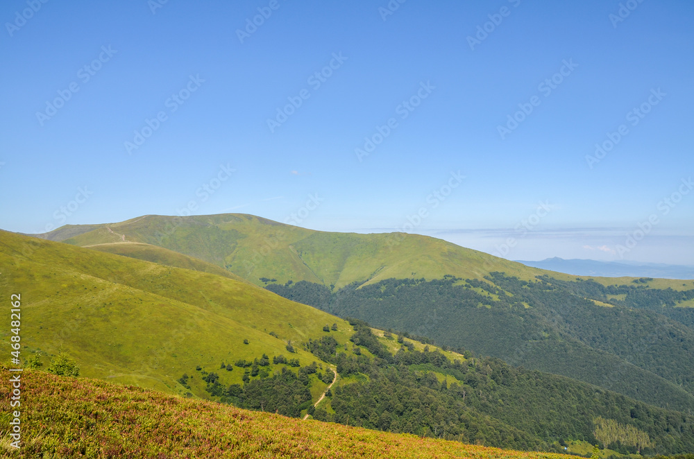 Lush green grassy meadows on the mountain slopes on background of blue sky. Beautiful landscape of Ukrainian Carpathian mountains Lush green grassy meadows on the mountain slopes on background of blue sky. Beautiful landscape of Ukrainian Carpathian mountains