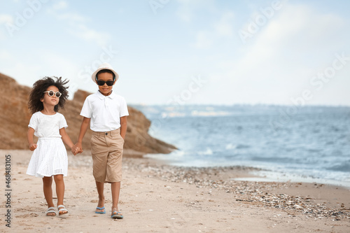 African-American brother and sister walking on sea beach