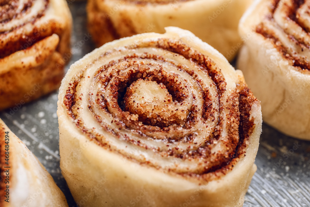 Uncooked cinnamon rolls in baking dish, closeup