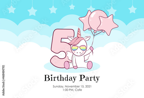 Birthday invitation with cute unicorn, balloons and clouds in blue and pink colors. Ready to use and editable template. An invitation for children and adults. Fifth year of birth. 