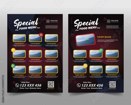 Flyer set for restaurant food menu items. Modern A4 size flyer design templates with 9 and 7 images. Vector illustrations for food and drink marketing, sales, ads, offers and discounts