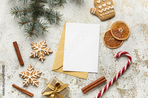 Blank card with gift and Christmas tree on grunge background