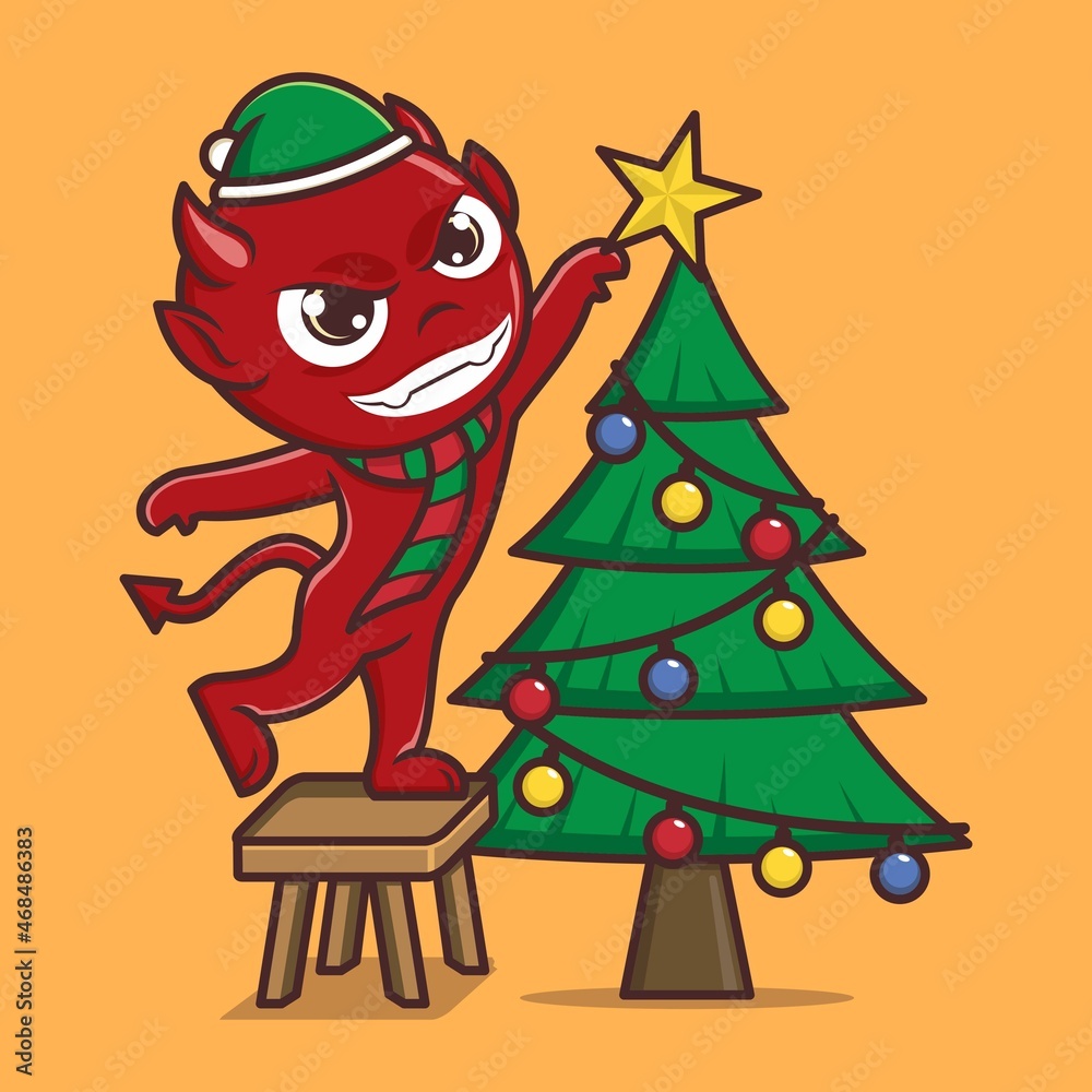 Naklejka premium cute cartoon devil puts star on christmas tree. vector illustration for mascot logo or sticker