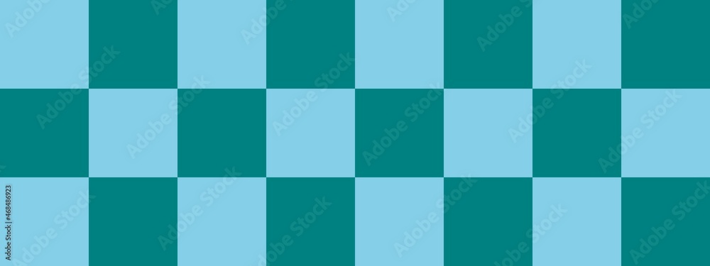 Checkerboard banner. Teal and Sky blue colors of checkerboard. Big squares, big cells. Chessboard, checkerboard texture. Squares pattern. Background.