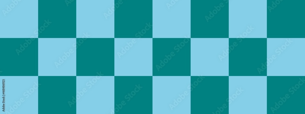 Checkerboard banner. Teal and Sky blue colors of checkerboard. Big squares, big cells. Chessboard, checkerboard texture. Squares pattern. Background. Checkerboard banner. Teal and Sky blue colors of checkerboard. Big squares, big cells. Chessboard, checkerboard texture. Squares pattern. Background.