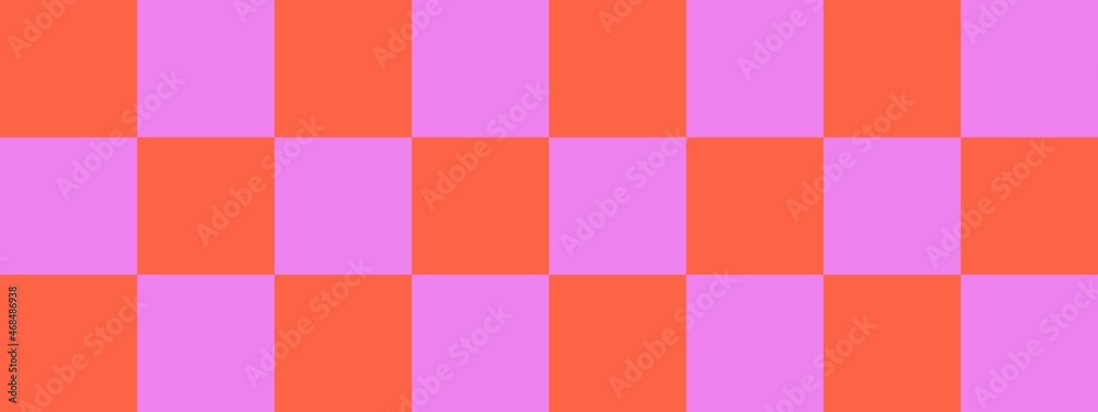 Checkerboard banner. Violet and Tomato colors of checkerboard. Big squares, big cells. Chessboard, checkerboard texture. Squares pattern. Background.