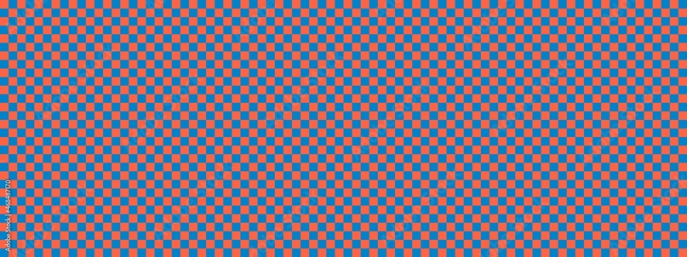 Checkerboard banner. Blue and Tomato colors of checkerboard. Small squares, small cells. Chessboard, checkerboard texture. Squares pattern. Background. Checkerboard banner. Blue and Tomato colors of checkerboard. Small squares, small cells. Chessboard, checkerboard texture. Squares pattern. Background.