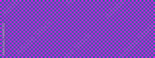 Checkerboard banner. Teal and Magenta colors of checkerboard. Small squares, small cells. Chessboard, checkerboard texture. Squares pattern. Background.