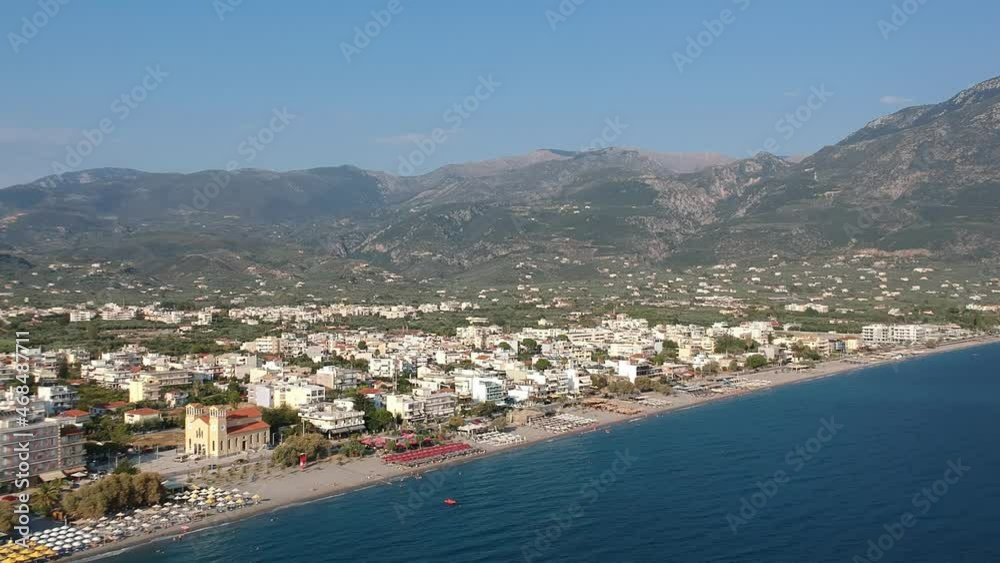 Aerial seaside view over seaside city of Kalamata, Greece at sunset Aerial seaside view over seaside city of Kalamata, Greece at sunset