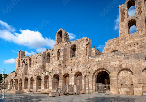The facade of the Odeon of Herodes Atticus  in Athens  Greece. It is an ancient stone theatre  built in 161 AD  located on the southwest slope of the Acropolis of Athens.