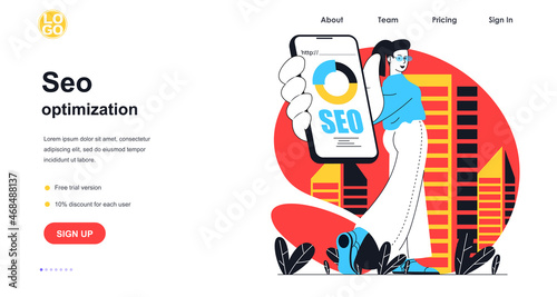 Seo optimization web banner concept. Woman settings search results, optimizes site, analyzes data using mobile application, landing page template. Vector illustration with people scene in flat design