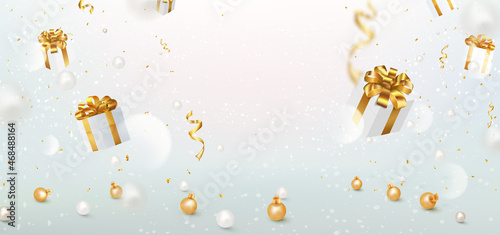 New Year Christmas banner with gift boxes with levitating gift boxes, confetti, balls. Festive background for web design, postcards, invitations and prints