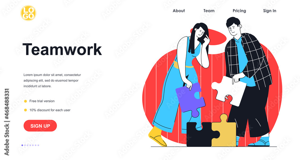 Teamwork web banner concept. Man and woman colleagues with puzzles collaboration and brainstorming, working at business landing page template. Vector illustration with people scene in flat design