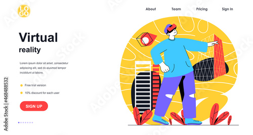Virtual reality web banner concept. Man in VR interacts with objects in augmented reality simulation, educational cyberspace landing page template. Vector illustration with people scene in flat design