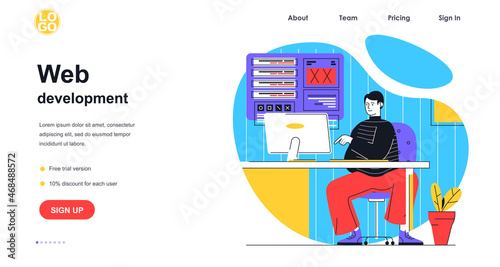 Web development web banner concept. Man designer works with graphic elements, creates and optimizes code of site interface, landing page template. Vector illustration with people scene in flat design