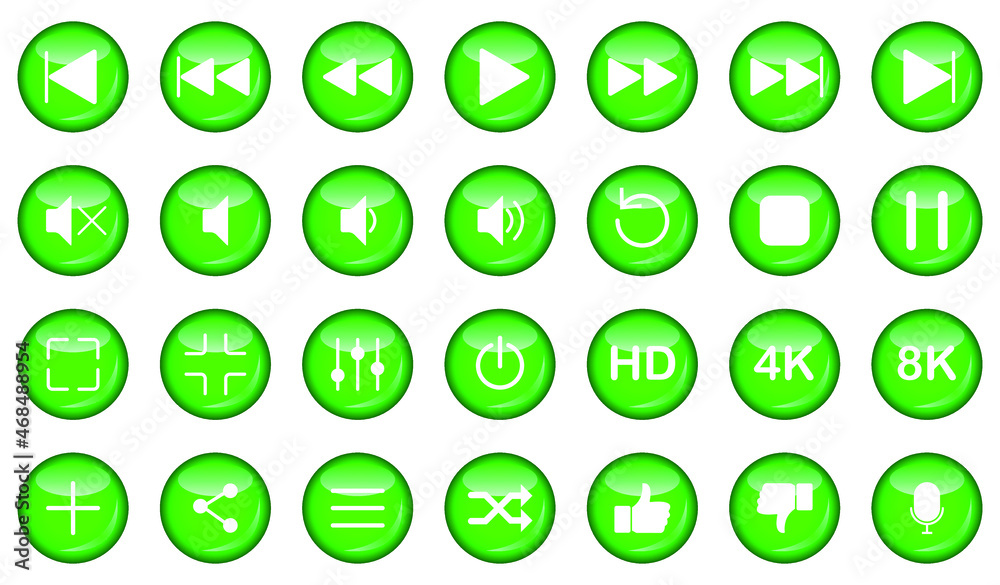 Video media player vector green buttons icon set. multimedia music audio controls, media pause. mediaplayer interface symbols. play button, pause, mute, hd, 4k, 8k, like. isolated on white background Video media player vector green buttons icon set. multimedia music audio controls, media pause. mediaplayer interface symbols. play button, pause, mute, hd, 4k, 8k, like. isolated on white background