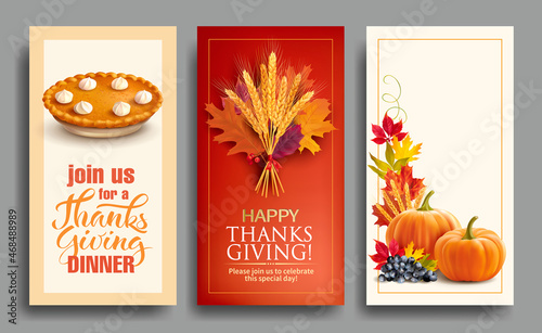 Design templates for Thanksgiving dinner invitation. Vector set. 