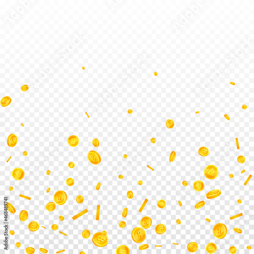 Bitcoin, internet currency coins falling. Eminent scattered BTC coins. Cryptocurrency, digital money. Bold jackpot, wealth or success concept. Vector illustration.