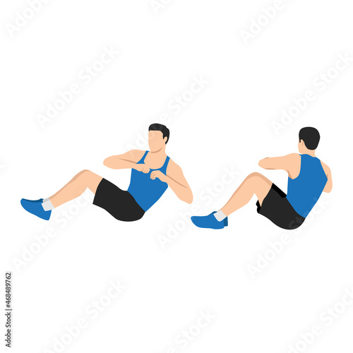 Man doing Russian twists exercise. Flat vector illustration isolated on white background