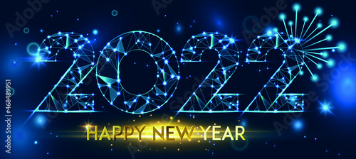 Happy new year 2022 banner design. Happy new year 2022 on space background. Futuristic geometric polygonal new 2022 year greeting card. Low polygon.