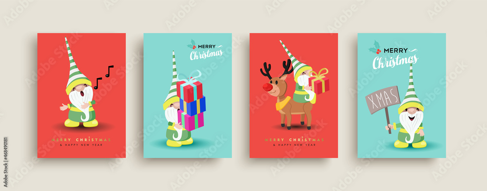Fototapeta premium Christmas New Year cute elf cartoon card set