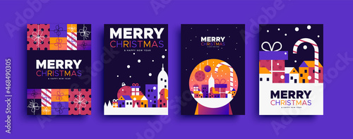 Christmas New Year colorful city house card set