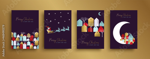 Christmas New Year gold winter house city card set