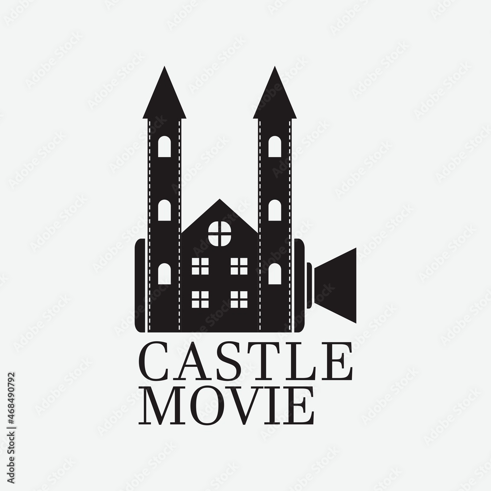 Movie castle tower, film strip, camera video logo design. Vector illustration for creative movie studio production graphic template