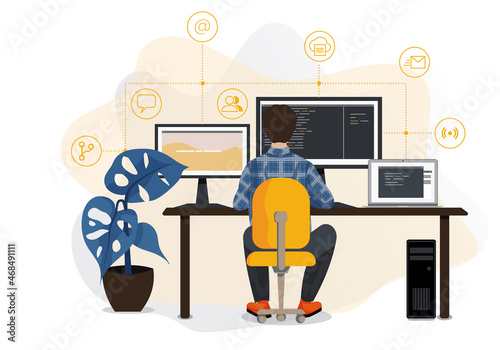 flat vector, programmer, developer writing code, creating a website, IT support sitting by the desk in an office. 