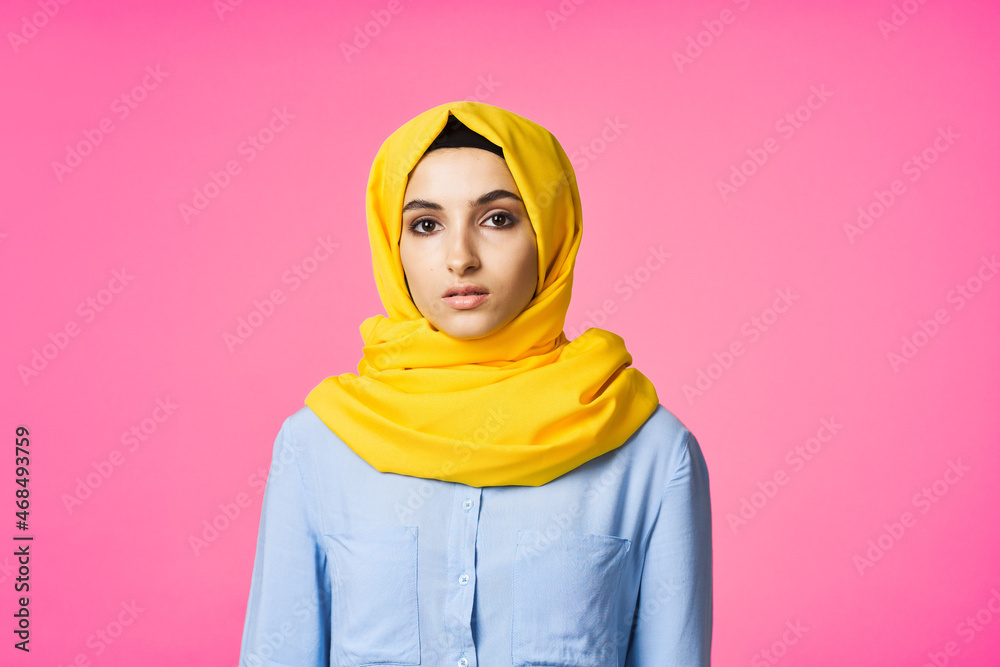 muslim woman in hijab posing fashion ethnicity pink background muslim woman in hijab posing fashion ethnicity pink background