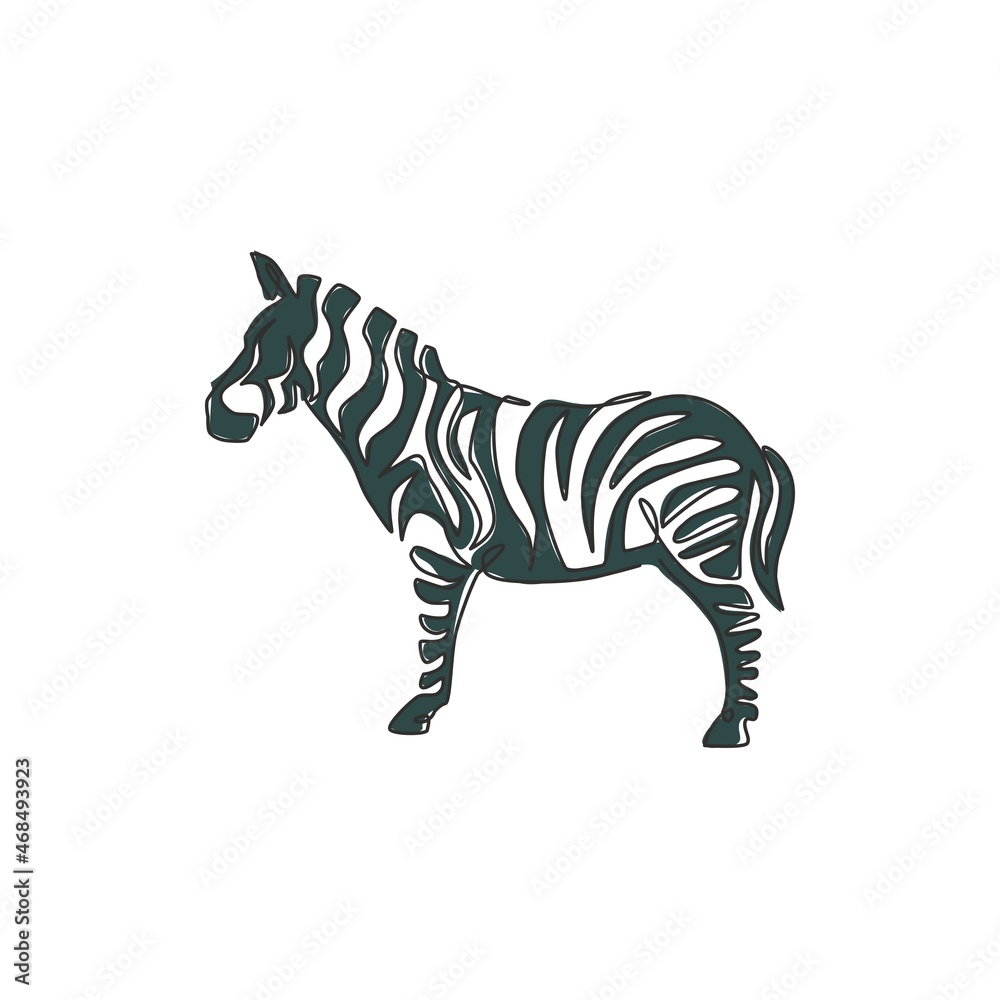 Single continuous line drawing of elegant zebra company logo identity.  Horse with stripes mammal animal concept for national park safari zoo  mascot. Trendy one line draw graphic design illustration Stock Vector |