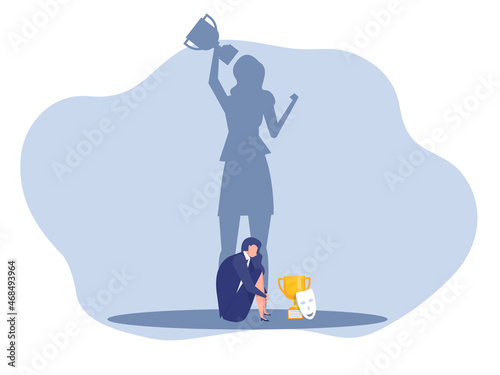 Imposter syndrome.woman standing for her present profile with fear shadow behind. Anxiety and lack of self confidence at work; the person fakes is someone else concept