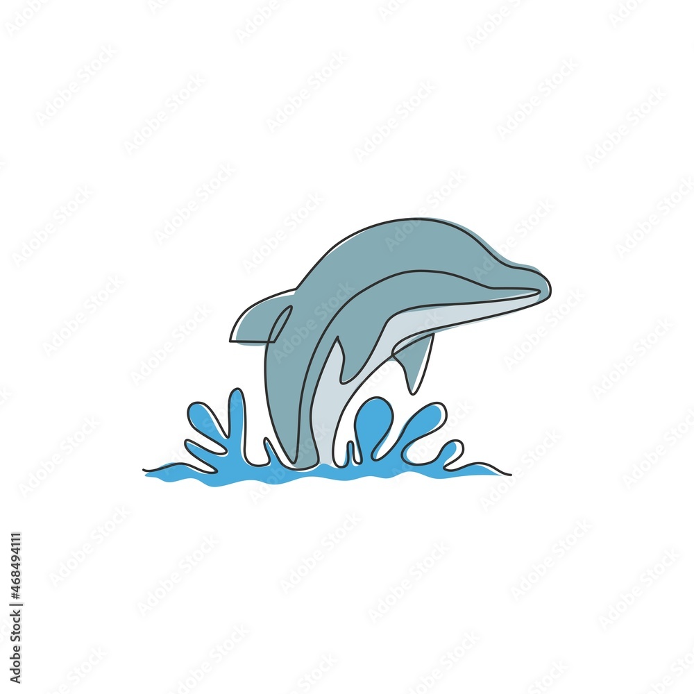 Obraz premium One single line drawing of cute beautiful dolphin for company logo identity. Funny beauty mammal animal mascot concept for circus icon. Modern continuous line draw design vector graphic illustration