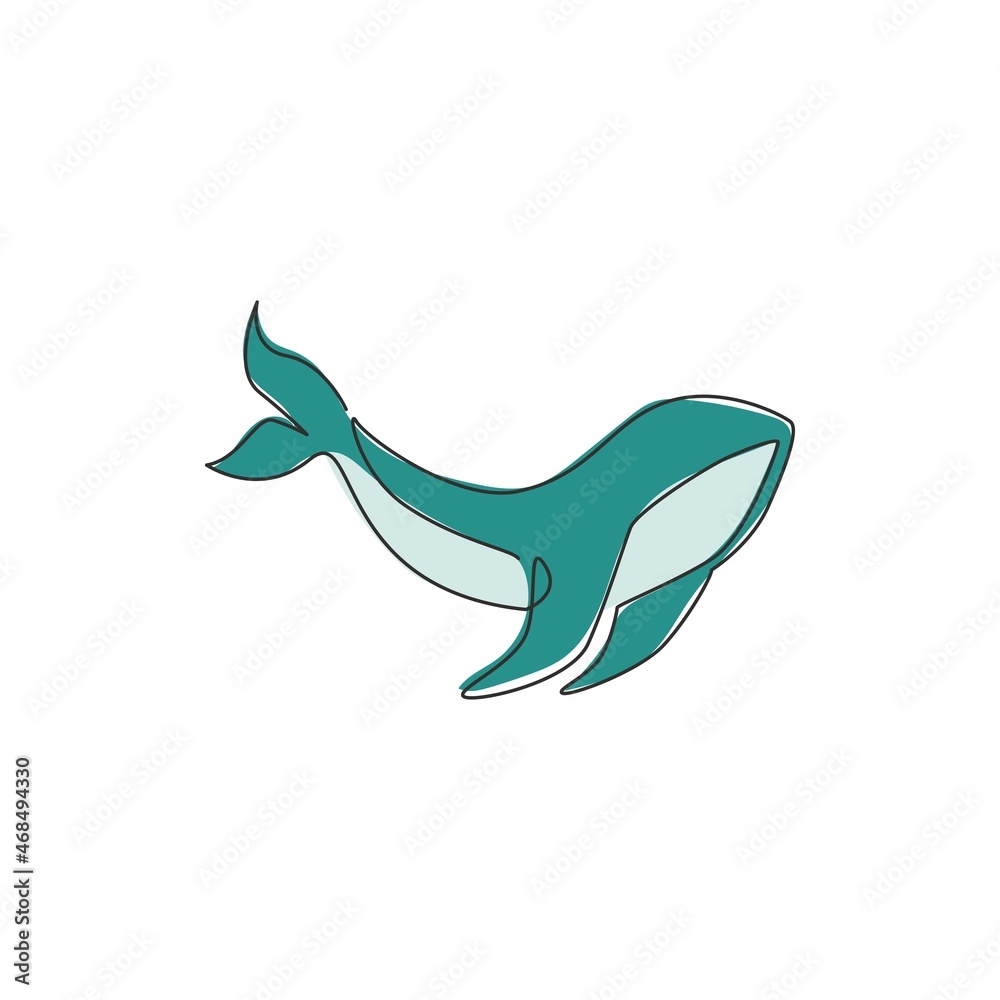 Obraz premium One continuous line drawing of giant whale for water aquatic park logo identity. Big ocean mammal animal mascot concept for environment organization. Single line draw design graphic illustration