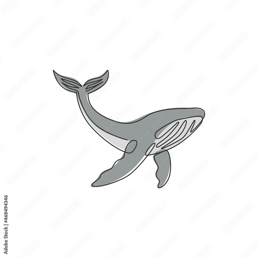 Obraz premium One continuous line drawing of giant whale for water aquatic park logo identity. Big ocean mammal animal mascot concept for environment organization. Trendy single line draw design illustration vector