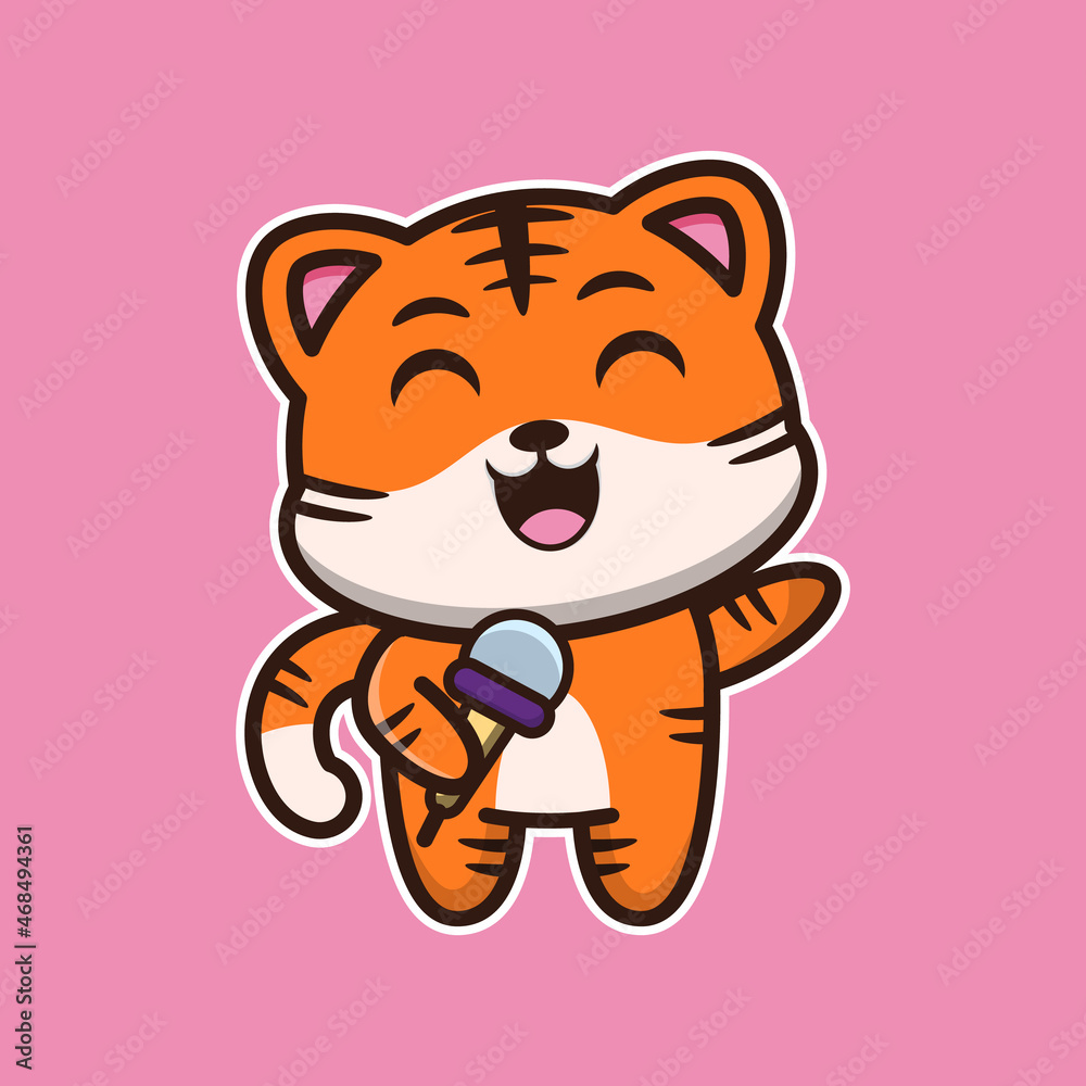 Fototapeta premium vector illustration of cute tiger sing, suitable for greeting cards, birthday gifts, stickers, clothes 