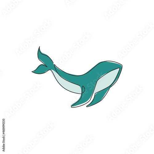 One continuous line drawing of giant whale for water aquatic park logo identity. Big ocean mammal animal mascot concept for environment organization. Single line draw design graphic illustration