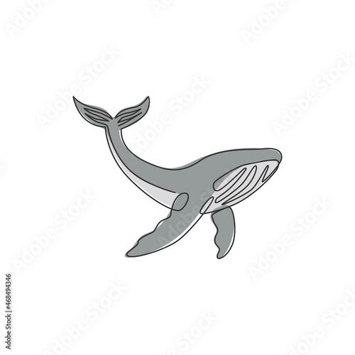 One continuous line drawing of giant whale for water aquatic park logo identity. Big ocean mammal animal mascot concept for environment organization. Trendy single line draw design illustration vector