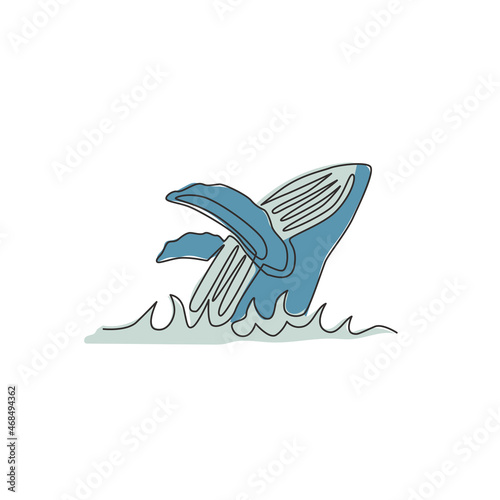 Single continuous line drawing of big whale fish for marine company logo identity. Big fish mammal animal mascot concept for business logotype. Trendy one line draw graphic design vector illustration
