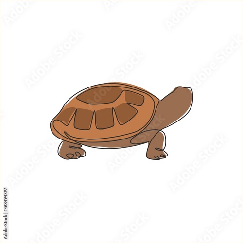 One continuous line drawing of wild desert tortoise for wildlife reserve logo identity. Ancient land reptile animal mascot concept for environment organization. Single line draw design illustration